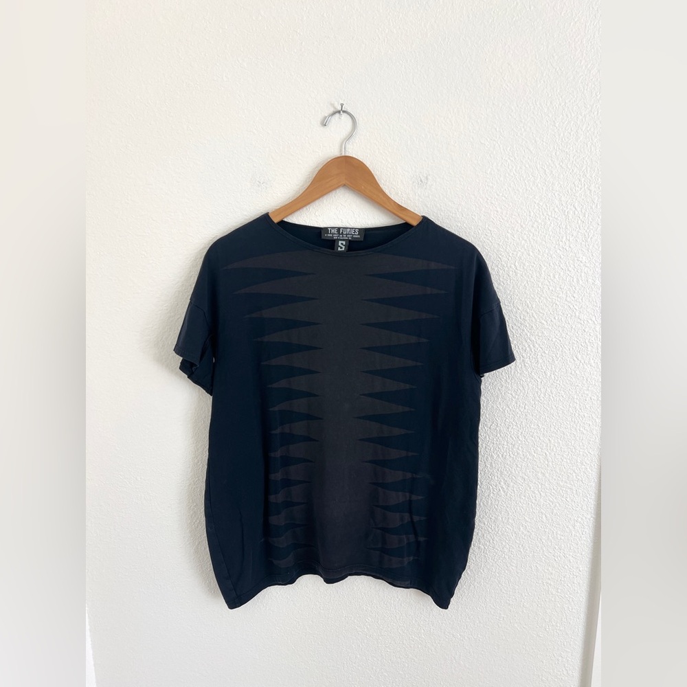 THE FURIES tee / black tonal geometric print t-shirt / size S